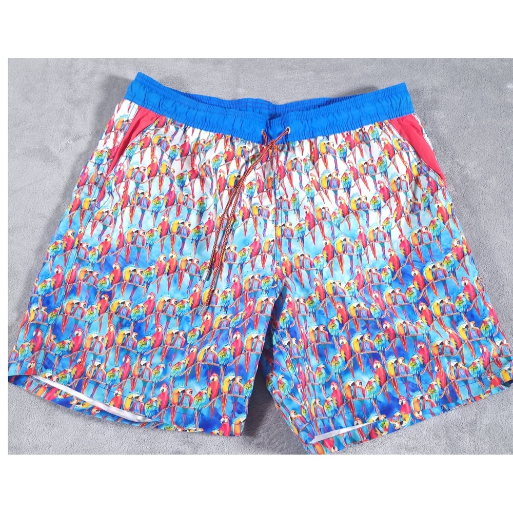 Bugatchi Swim Trunks Mens XL Blue Parrot Tropical Print Mesh Lined Shorts AOP